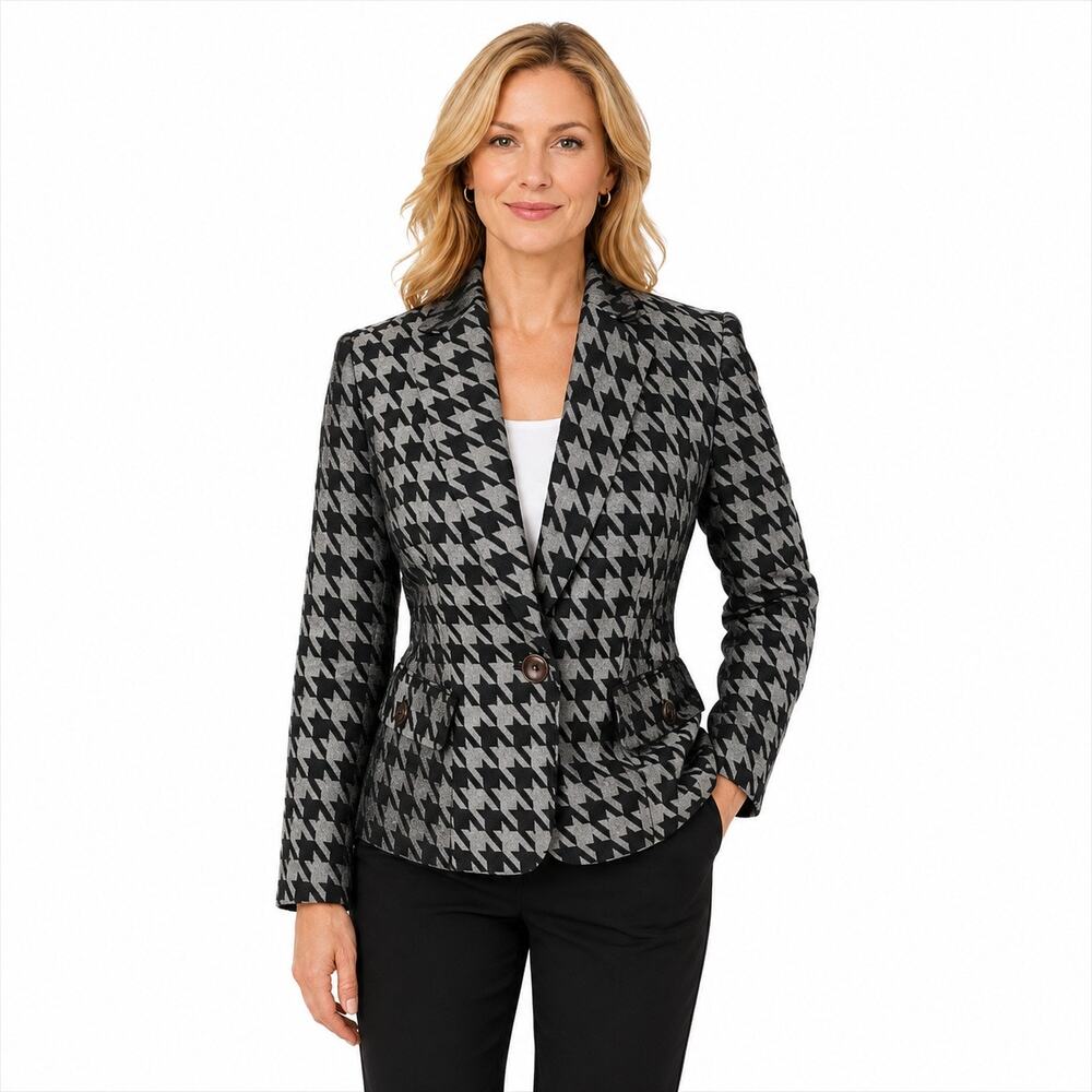Louben Size 2 Houndstooth Jacket Blazer Black and Gun Metal Gray Formal Career